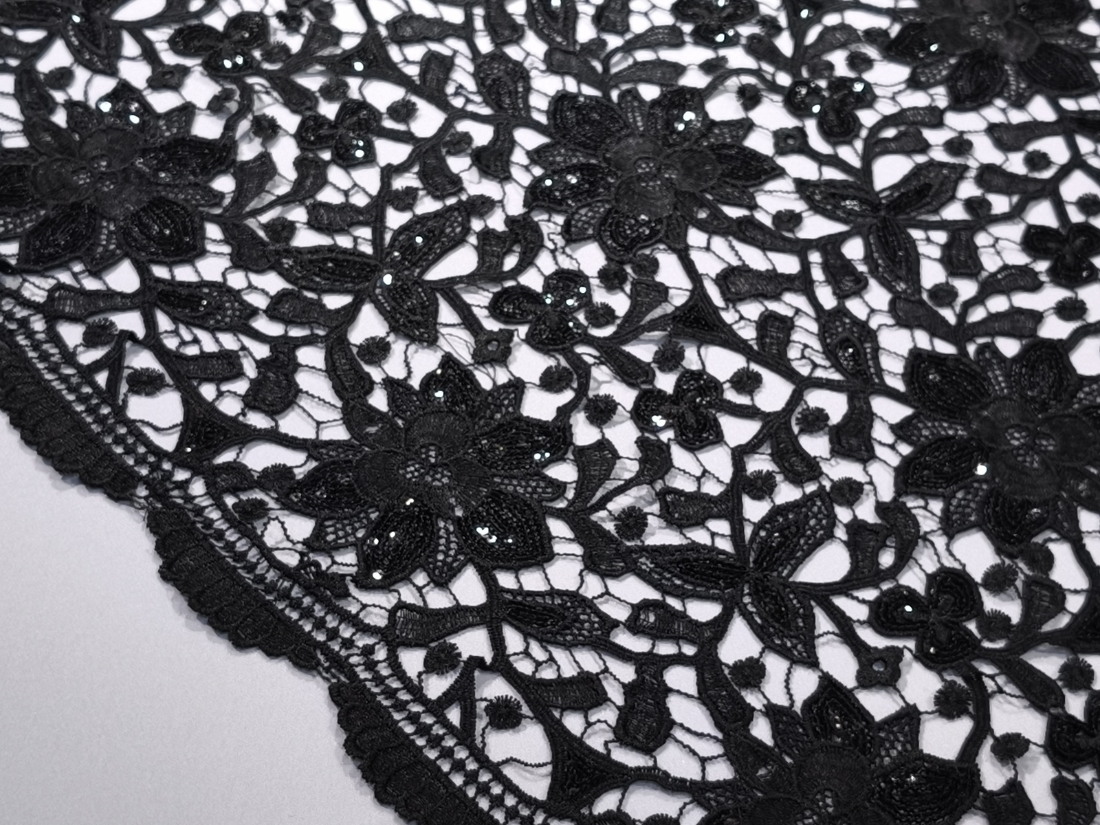 Tejido Guipur Floral Lentejuela Negro